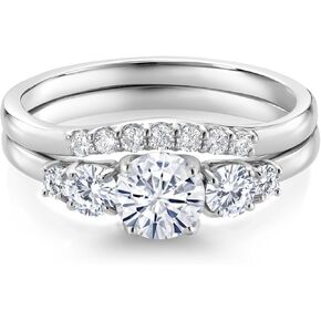 Gem Stone King 10K White Gold White Customized and Personalized 5MM and 3MM Round Gemstone Birthstone and White Lab Grown Diamond 5 Stone Bridal Engagement Wedding Ring Set For Women