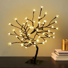 2PK Cherry Blossom Tree Lights,Artificial Bonsai Tree with 48 Warm White Led Lights, 16.2 Inch Prelit Cherry Blossom Lamp for Christmas Party Wedding Gift Home Tabletop Decoration
