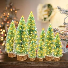 DreiWasser Mini Cedar Christmas Tree with LED Fairy Lights, 8 Pack 4" to 10" Small Artificial Trees with 3 Modes, Tabletop Trees Bottle Brush Tree Ornaments for Home Warm White