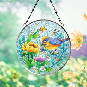 FONMY Glass Suncatcher- Bird w/Flower, Window Hanging Decor., Memorial Gifts for Women, Mom, Bird Lover, Designed Bird Suncatchers for Windows,Home & Garden, Hand Painted Glass Ornament (6inch)
