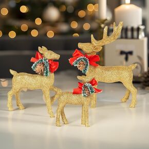 NEROSUN Set of 3 Golden Glitter Reindeer Figurines, Resin Standing Reindeer Figurine Statues Mantle Centerpieces, for Xmas Holiday Party Dinner Tabletop Decorations