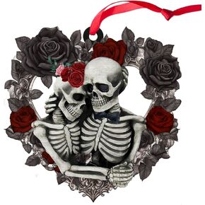 Skull Couple Ornaments for Christmas Decorations, Skull Ornaments Xmas Tree Decor, Wedding Ornament for Newlyweds, Wood Ornament Keepsake Gifts for Him Her Couples Engagement (01-Skull-Rose)