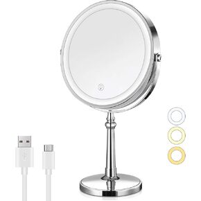 10X Lighted Makeup Mirror, 9" Rechargeable Magnifying Mirror with 3 Colors, 1x/10x Double Sided Touch Screen Vanity Mirror, Brightness Adjustable Cosmetic Light up Mirror, Gift for Women