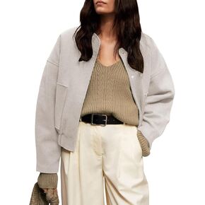 Women's Cropped Bomber Jacket Casual Baseball Collar Button Down Fashion Oversized Coat with Pockets Outwear