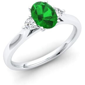 Diamondere Certified Synthetic Oval Cut Emerald and Diamond Engagement Ring in Sterling Silver| 0.76 Carat Three Stone Ring for Women, US Size 7