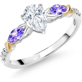Gem Stone King 925 Silver 10K Yellow Gold Pear Shape White Moissanite Blue Tanzanite and White Lab Grown Diamond Engagement Ring For Women (1.02 Cttw, Available in Size 5,6,7,8,9)