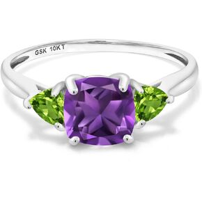 Gem Stone King 10K White Gold Purple Amethyst and Green Peridot 3-Stone Engagement Ring For Women (1.92 Cttw, 7MM Cushion and 4MM Trillion, Available In Size 5, 6, 7, 8, 9)