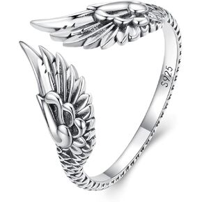 925 Sterling Silver Angel Wing Ring Feather Motif Adjustable Ring, Vintage Women' Ring for Wedding Engagement