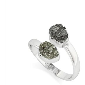 Natural Raw/Rough Meteorite & Pyrite 2 Stone Size Adjustable Stackable Twister Ring for Women in Sterling Silver, August Birthstone Jewelry Gifts for Her (Bezel-Set)