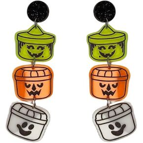 ROSTIVO Halloween Basket Earrings for Women Cute Lightweight Acrylic Pumpkin Bucket Earrings Trick or Treat Candy Pail Earrings