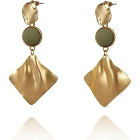 CW 18K gold-plated green long dangle earrings, exaggerated square frosted gold large womens earrings, Very dynamic and attractive holiday earrings for women trendy.