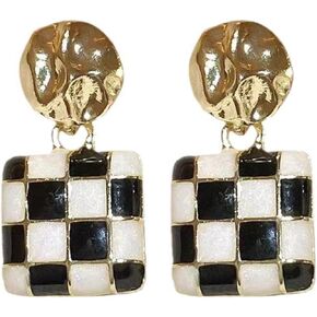 Checkered Earrings for Women Black and White Checkered Dangle Earrings Geometric Square U-shaped Checkered Earrings Vintage Dainty Birthday Jewelry Gifts for Women