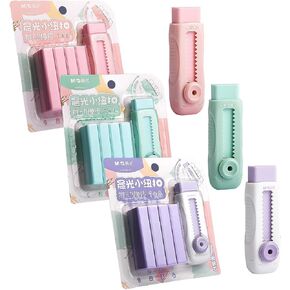 1+4 Pack Retractable Pencil Eraser Push Pull Design Erasers, 3 Pcs Pen-Style Eraser with 12 Pcs Replaceable Refills for Stationery Drawing Writing Painting
