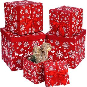 ANVAVO 5 Pieces Christmas Nesting Gift Boxes with Lids Snowflake and Elk Designs Nested Hard Christmas Boxes Stackable Xmas Nested Paper Box with Ribbon for Gift Storage Decorating, Assorted Sizes