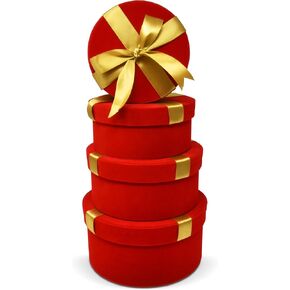 Christmas Nesting Gift Boxes Round 4 Pack Red Velvet with Gold Ribbon Bow Xmas Stacked Gift Box with Lids in 4 Assorted Sizes for Gift Giving Holiday Decorative Gifts Present Wrapping