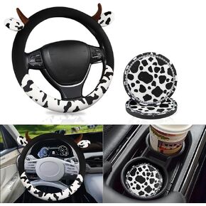 SuperKaKa Furry Cow Print Steering Wheel Cover with 2 PCS Car Bling Cup Coasters – Universal Stylish Comfortable Car Interior Accessories for Women Men (Brown)