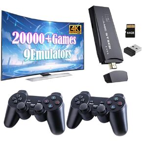 Wireless Retro Game Console, Video Game Console with Built-in 9 Emulators, 20,000+ Games, 4k Hdmi Output, and 2.4GHz Wireless Controller, Nostalgia Gaming Stick，Plug & Play TV Video Games(64G)