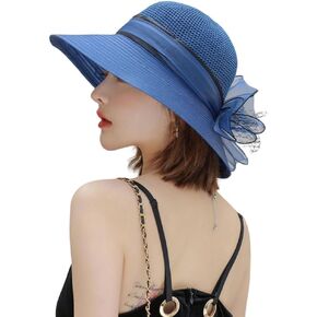 HAOZAIKEJI Women Fascinator Hat Wide Brim Tea Party Hat Flower Church Hat UV Protection Summer Beach Hat
