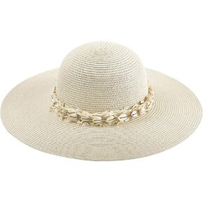 JEN & CO. Dion - Seashell Accent Band - Wide Brim - Paper Straw Vacation Sun Hat