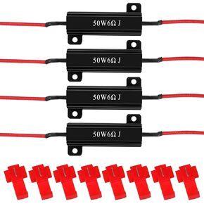 4Pcs 50W 6ohm Load Resistors, Fix LED Bulb Fast Hyper Flash Turn Signal Blink Error Code with 8pcs Quick wire -black
