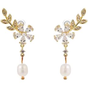 Women's Crystal Zircon Flower Leaf Post Crawler Earring Elegant Cute Rhinestone Pearl Cuff Climber Earrings Fashion Jewelry for Women