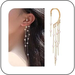 Andelaisi Boho سلسلة اللؤلؤ شرابة الكفة الأقراط الطويلة لؤلؤة الأذن متسلق الغضروف أقراط خمر اللؤلؤ انخفاض الأقراط الذهب الأذن الكفة التفاف الزاحف أقراط مجوهرات للنساء in Kuwait