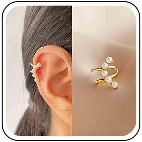 Vintage Pearl Ear Cuff Earrings Double Line Fake Helix Earrings Pearl Hoop Cuff earrings C Shape Pearl Cartilage Earrings Non Pierced Earring Jewelry for Women