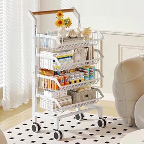 4 Tier Metal Rolling Cart with Lockable Wheels, Heavy Duty Utility Carts with Adjustable Baskets and Wood Handle, Multi-Functional Storage Trolley for Living Room, Kitchen, Bathroom, White
