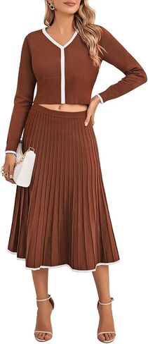 Pink Queen Womens Casual Two Piece Skirt Sets Ribbed Knit Long Sleeve Crop Top Pleated Skirts Matching Set Fall Outfits in Saudi Arabia