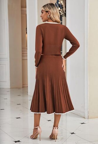 Pink Queen Womens Casual Two Piece Skirt Sets Ribbed Knit Long Sleeve Crop Top Pleated Skirts Matching Set Fall Outfits in Saudi Arabia