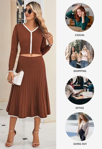 Pink Queen Womens Casual Two Piece Skirt Sets Ribbed Knit Long Sleeve Crop Top Pleated Skirts Matching Set Fall Outfits in Saudi Arabia