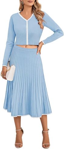 Pink Queen Womens Casual Two Piece Skirt Sets Ribbed Knit Long Sleeve Crop Top Pleated Skirts Matching Set Fall Outfits in Saudi Arabia