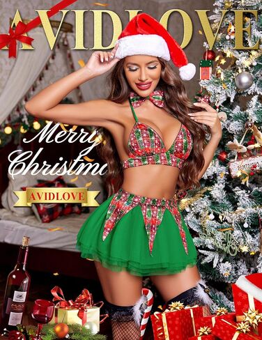 Avidlove Sexy Christmas Lingerie for Women Holiday Outfits Plaid Bra and Skirt Santa Sleepwear with Bow Tie in Saudi Arabia