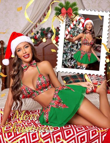 Avidlove Sexy Christmas Lingerie for Women Holiday Outfits Plaid Bra and Skirt Santa Sleepwear with Bow Tie in Saudi Arabia