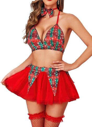 Avidlove Sexy Christmas Lingerie for Women Holiday Outfits Plaid Bra and Skirt Santa Sleepwear with Bow Tie in Saudi Arabia