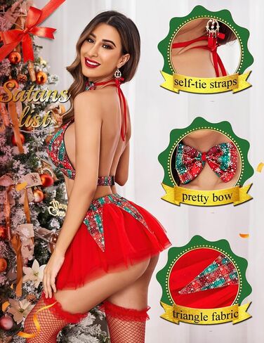 Avidlove Sexy Christmas Lingerie for Women Holiday Outfits Plaid Bra and Skirt Santa Sleepwear with Bow Tie in Saudi Arabia