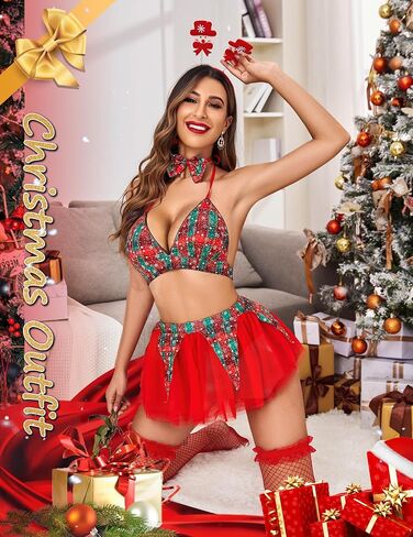 Avidlove Sexy Christmas Lingerie for Women Holiday Outfits Plaid Bra and Skirt Santa Sleepwear with Bow Tie in Saudi Arabia