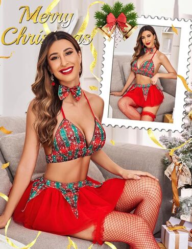 Avidlove Sexy Christmas Lingerie for Women Holiday Outfits Plaid Bra and Skirt Santa Sleepwear with Bow Tie in Saudi Arabia