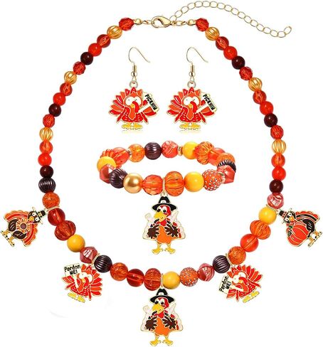 XOCARTIGE Thanksgiving Fall Necklace Bracelet Earrings Set, Chunky Pumpkin Maple Leaf Turkey Bubblegum Necklace for Women Beaded Stretch Bracelet Dangle Earrings Holiday Party Gifts in Saudi Arabia