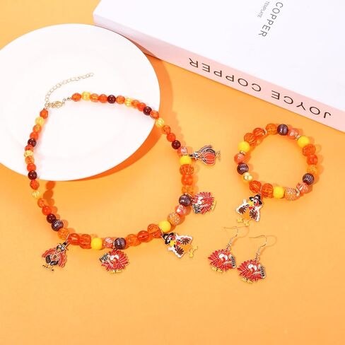 XOCARTIGE Thanksgiving Fall Necklace Bracelet Earrings Set, Chunky Pumpkin Maple Leaf Turkey Bubblegum Necklace for Women Beaded Stretch Bracelet Dangle Earrings Holiday Party Gifts in Saudi Arabia