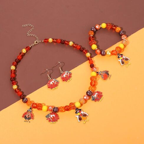 XOCARTIGE Thanksgiving Fall Necklace Bracelet Earrings Set, Chunky Pumpkin Maple Leaf Turkey Bubblegum Necklace for Women Beaded Stretch Bracelet Dangle Earrings Holiday Party Gifts in Saudi Arabia