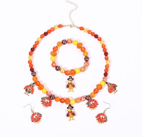 XOCARTIGE Thanksgiving Fall Necklace Bracelet Earrings Set, Chunky Pumpkin Maple Leaf Turkey Bubblegum Necklace for Women Beaded Stretch Bracelet Dangle Earrings Holiday Party Gifts in Saudi Arabia