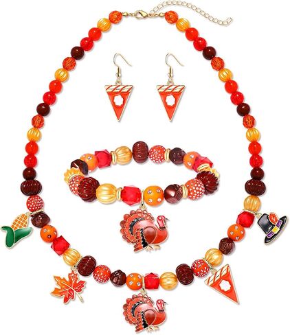 XOCARTIGE Thanksgiving Fall Necklace Bracelet Earrings Set, Chunky Pumpkin Maple Leaf Turkey Bubblegum Necklace for Women Beaded Stretch Bracelet Dangle Earrings Holiday Party Gifts in Saudi Arabia
