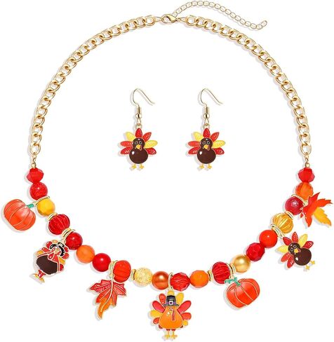XOCARTIGE Thanksgiving Fall Necklace Bracelet Earrings Set, Chunky Pumpkin Maple Leaf Turkey Bubblegum Necklace for Women Beaded Stretch Bracelet Dangle Earrings Holiday Party Gifts in Saudi Arabia