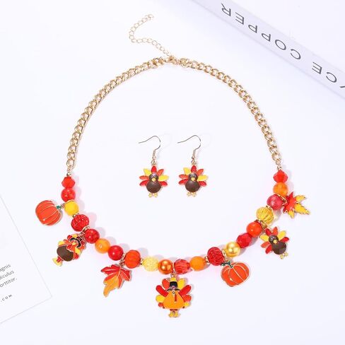 XOCARTIGE Thanksgiving Fall Necklace Bracelet Earrings Set, Chunky Pumpkin Maple Leaf Turkey Bubblegum Necklace for Women Beaded Stretch Bracelet Dangle Earrings Holiday Party Gifts in Saudi Arabia