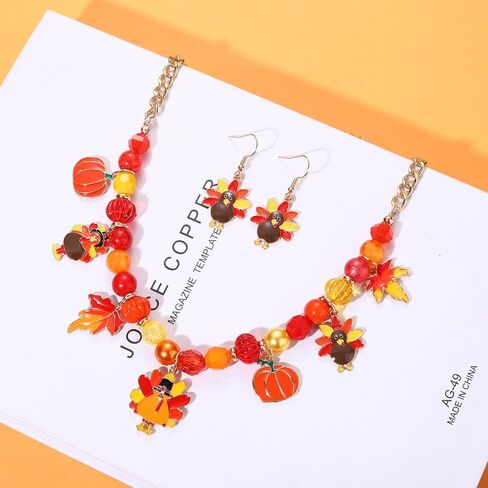 XOCARTIGE Thanksgiving Fall Necklace Bracelet Earrings Set, Chunky Pumpkin Maple Leaf Turkey Bubblegum Necklace for Women Beaded Stretch Bracelet Dangle Earrings Holiday Party Gifts in Saudi Arabia