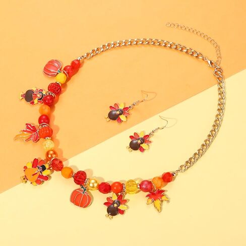 XOCARTIGE Thanksgiving Fall Necklace Bracelet Earrings Set, Chunky Pumpkin Maple Leaf Turkey Bubblegum Necklace for Women Beaded Stretch Bracelet Dangle Earrings Holiday Party Gifts in Saudi Arabia