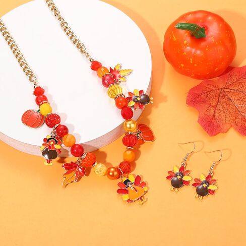 XOCARTIGE Thanksgiving Fall Necklace Bracelet Earrings Set, Chunky Pumpkin Maple Leaf Turkey Bubblegum Necklace for Women Beaded Stretch Bracelet Dangle Earrings Holiday Party Gifts in Saudi Arabia