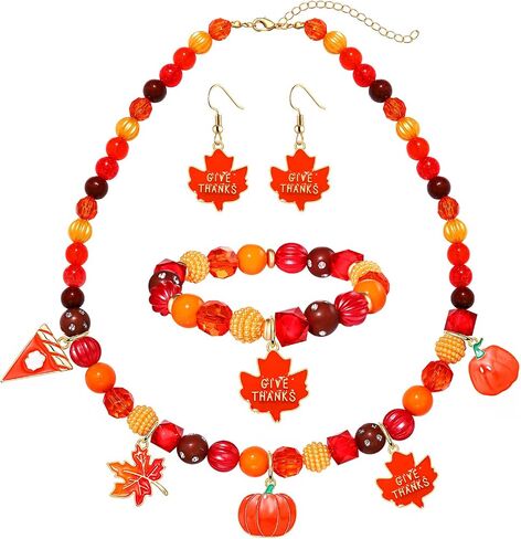 XOCARTIGE Thanksgiving Fall Necklace Bracelet Earrings Set, Chunky Pumpkin Maple Leaf Turkey Bubblegum Necklace for Women Beaded Stretch Bracelet Dangle Earrings Holiday Party Gifts in Saudi Arabia