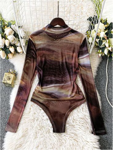 Milumia Women's Tie Dye Mock Neck Long Sleeve Sheer Bodysuit Jumpsuits in Saudi Arabia